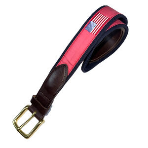 Vineyard Vines Belt 34 Blue Red Flag Italian Leather Preppy Golf Brass Buckle